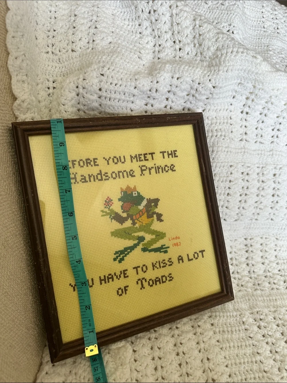 Handmade Yellow Cross-Stitch Wall Art - 'Before You Meet The Handsome Prince'